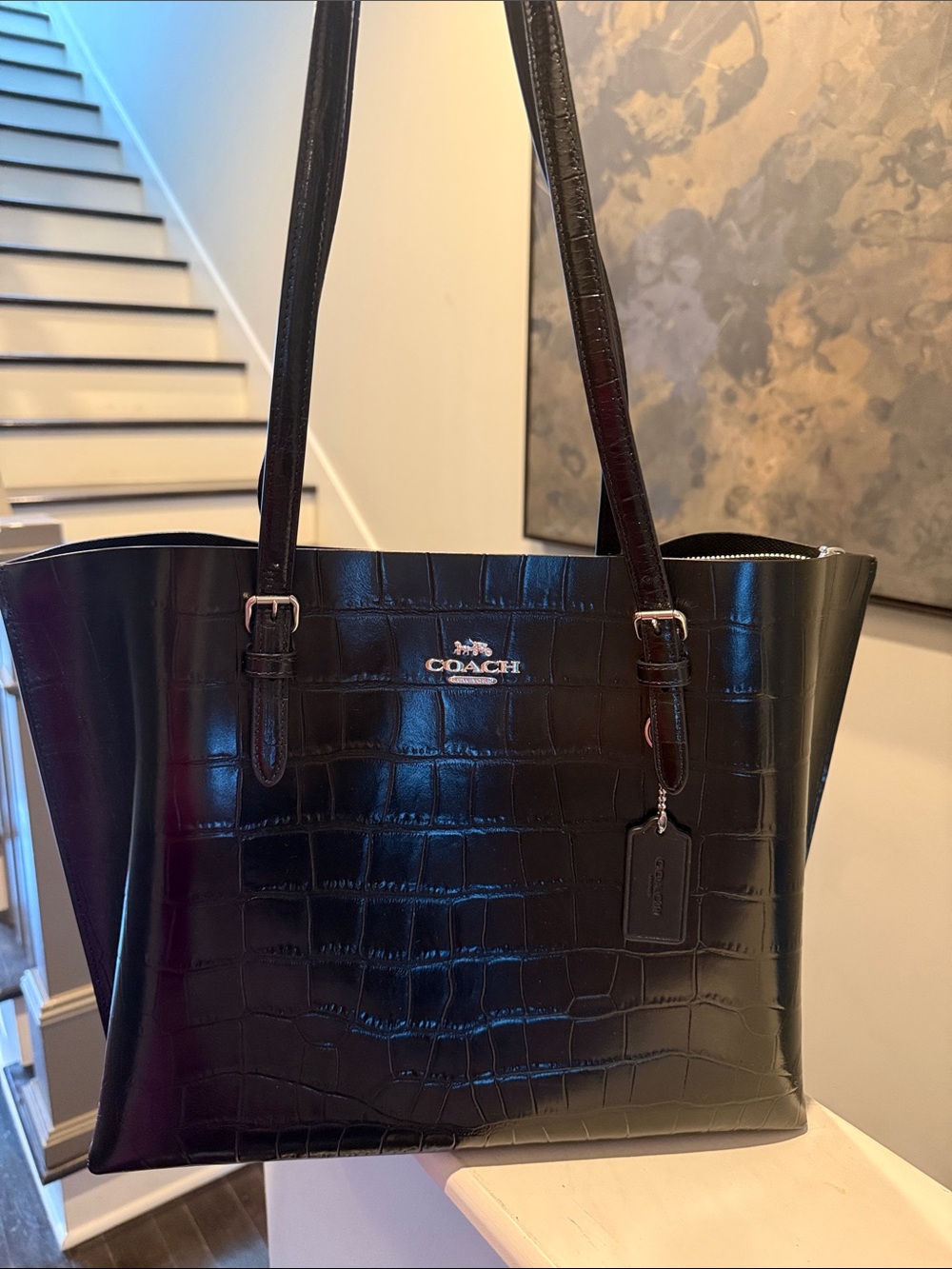 Coach Black Croc-Embossed Leather Shoulder Mollie Tote Bag